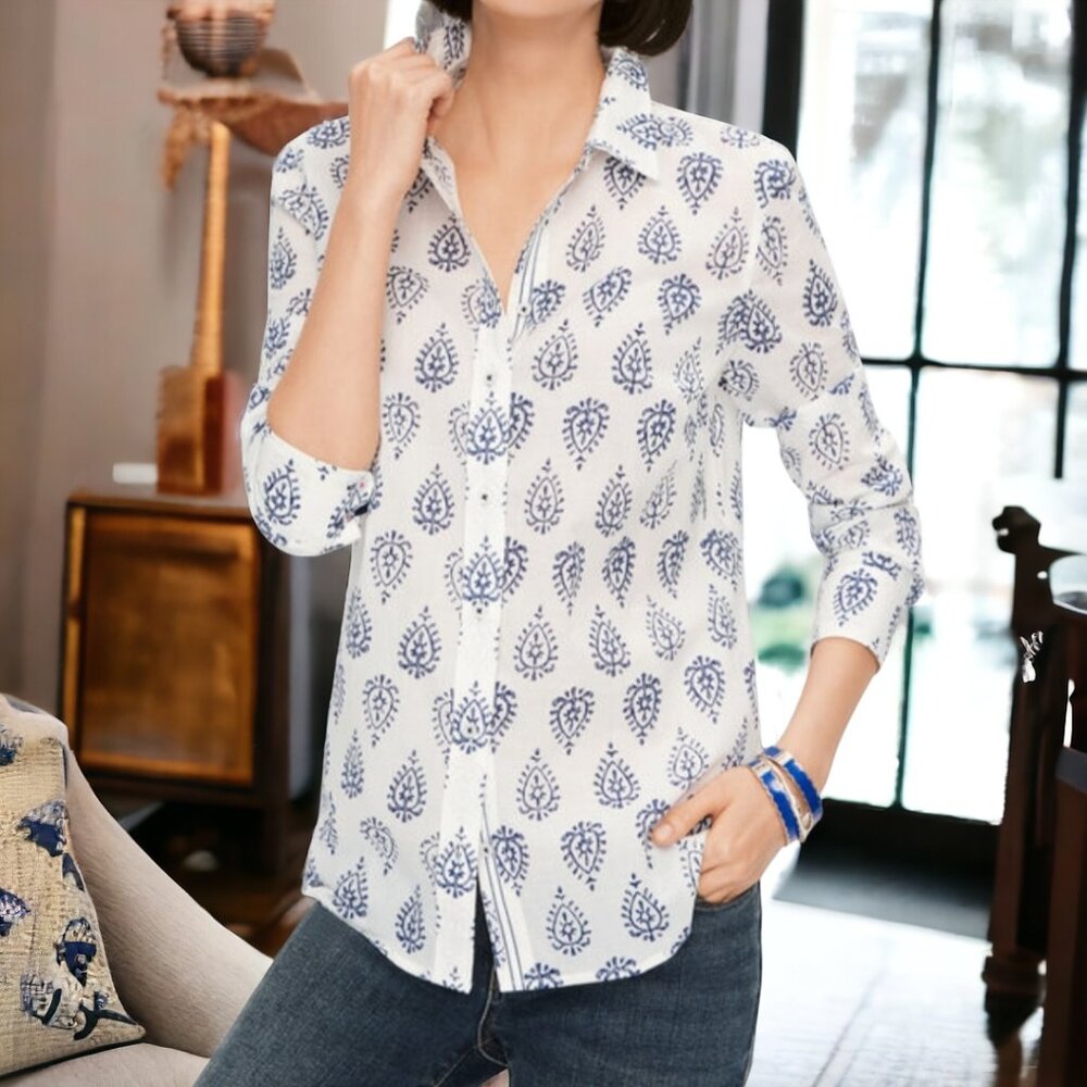 TALBOTS ( XS ) CLASSIC COTTON Button Up White w Blue Long/Fold up Sleeve